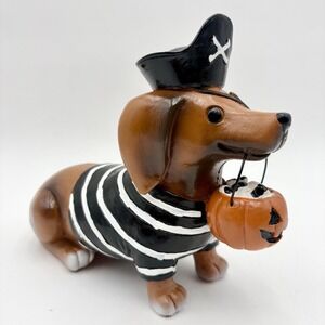 Halloween Dachshund Doxie Pirate Dog Figurine - Striped Shirt Pumpkin Candy